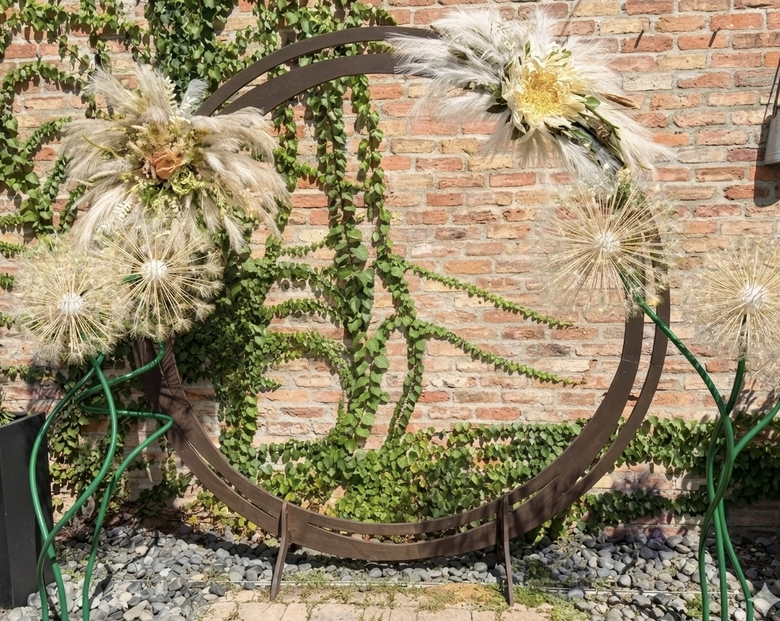 Round wooden ceremony arch with pampas florals against the ivy-covered courtyard brick wall